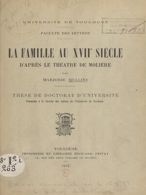 cover image of La famille au XVIIe siècle d'après le théâtre de Molière